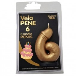 DIABLO PICANTE VELA PENE EN FORMA DE NuMERO 6 COLOR DORADO